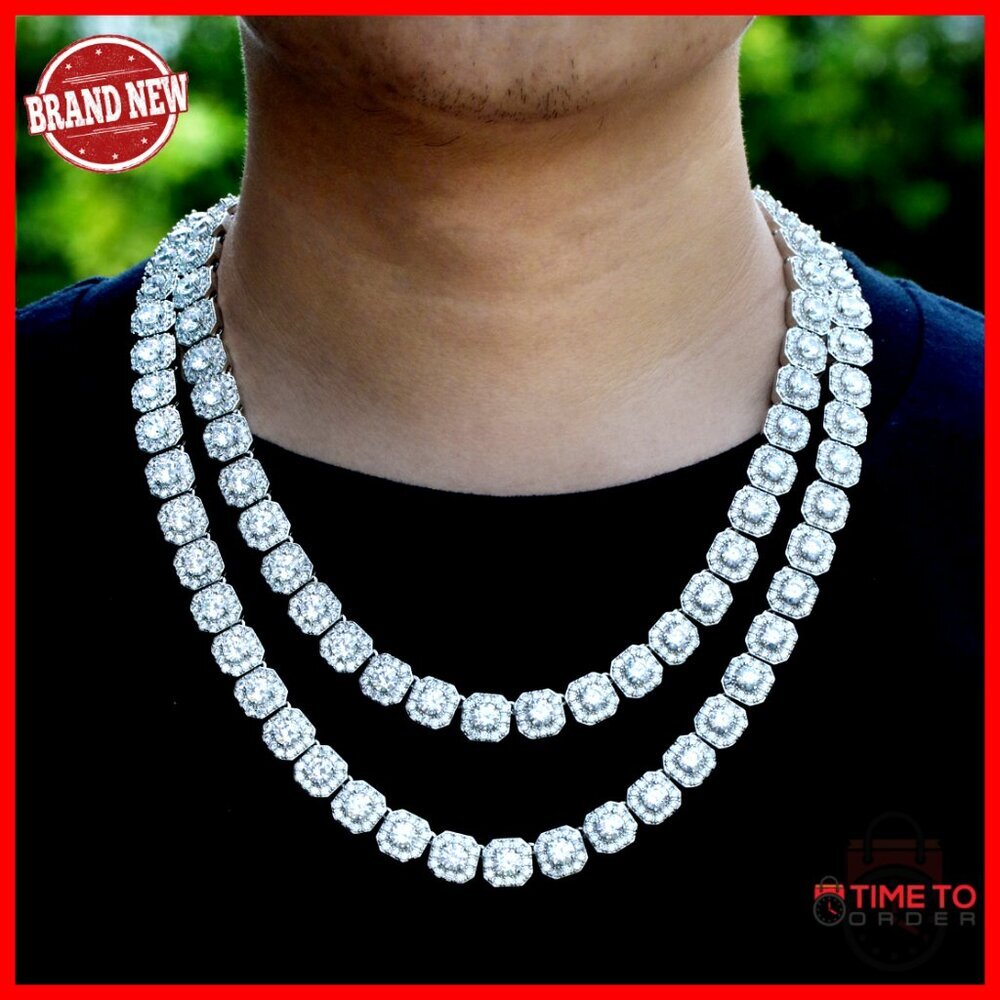 12mm Tennis Chain Necklace White Gold Plated Cuban Link Choker 16 Inch - Picture 7 of 7